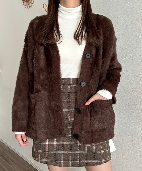 Cham.(チャム)の「シャギーニットカーディガン(カーディガン/ボレロ・レディース・グレー/ネイビー/ブラウン/オフホワイト/ピンク/ライトブルー/ブラック/ベージュ・F)」の14枚目の写真
