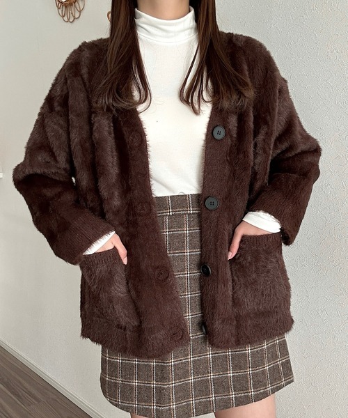 Cham.(チャム)の「シャギーニットカーディガン(カーディガン/ボレロ・レディース・グレー/ネイビー/ブラウン/オフホワイト/ピンク/ライトブルー/ブラック/ベージュ・F)」の15枚目の写真