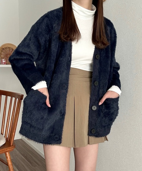 Cham.(チャム)の「シャギーニットカーディガン(カーディガン/ボレロ・レディース・グレー/ネイビー/ブラウン/オフホワイト/ピンク/ライトブルー/ブラック/ベージュ・F)」の9枚目の写真