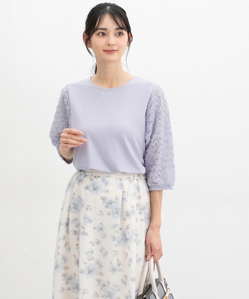 Honeys（ハニーズ）の「６分袖レース使いトップス（Tシャツ/カットソー・レディース・アイボリー/グレイッシュベージュ/サックスブルー/ブラック・L/LL/M/S）」の2枚目の写真