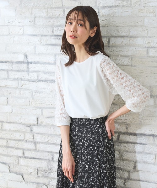 Honeys（ハニーズ）の「６分袖レース使いトップス（Tシャツ/カットソー・レディース・アイボリー/グレイッシュベージュ/サックスブルー/ブラック・L/LL/M/S）」の8枚目の写真