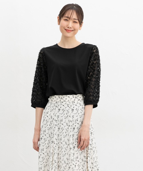 Honeys（ハニーズ）の「６分袖レース使いトップス（Tシャツ/カットソー・レディース・アイボリー/グレイッシュベージュ/サックスブルー/ブラック・L/LL/M/S）」の11枚目の写真