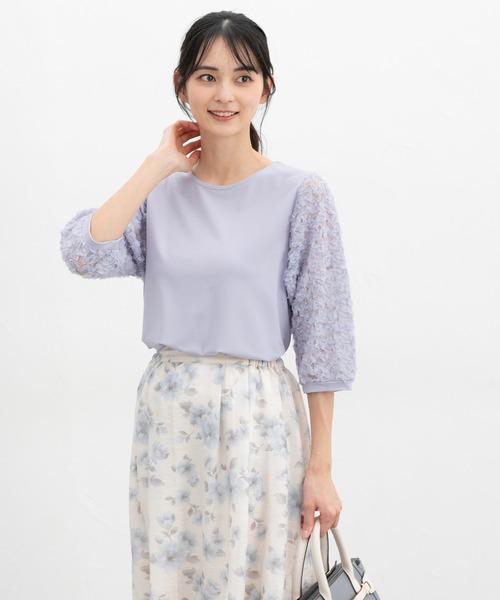 Honeys（ハニーズ）の「６分袖レース使いトップス（Tシャツ/カットソー・レディース・アイボリー/グレイッシュベージュ/サックスブルー/ブラック・L/LL/M/S）」の14枚目の写真