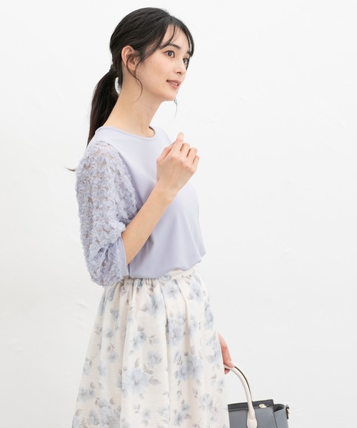 Honeys（ハニーズ）の「６分袖レース使いトップス（Tシャツ/カットソー・レディース・アイボリー/グレイッシュベージュ/サックスブルー/ブラック・L/LL/M/S）」の16枚目の写真