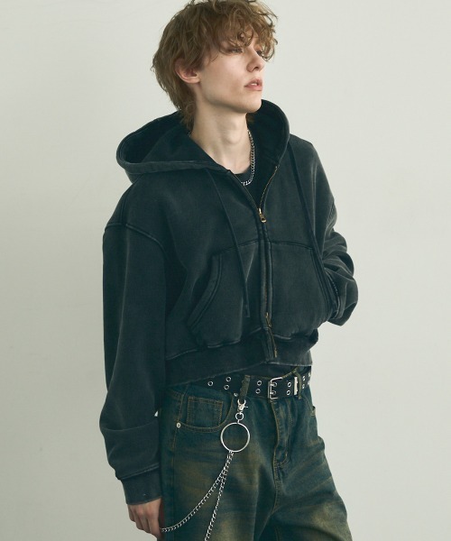 Shoowtime(ショウタイム)の「Pigment dye short length double zip hoodie / ピグメントダイショート丈ダブルジップパーカー(パーカー・メンズ・ブラック系/カーキ系/カーキブラウン/グレー系/グリーン系その他/グレー系その他/ブラウン系その他/ブラック系その他・SMALL/MEDIUM/LARGE/X-LARGE)」の10枚目の写真