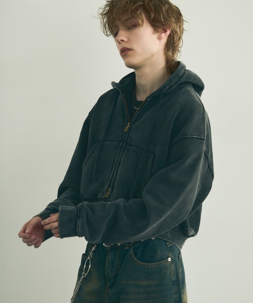 セール】Pigment dye short length double zip hoodie