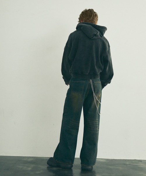 セール】Pigment dye short length double zip hoodie