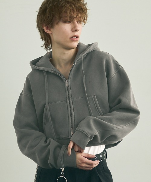 セール】Pigment dye short length double zip hoodie
