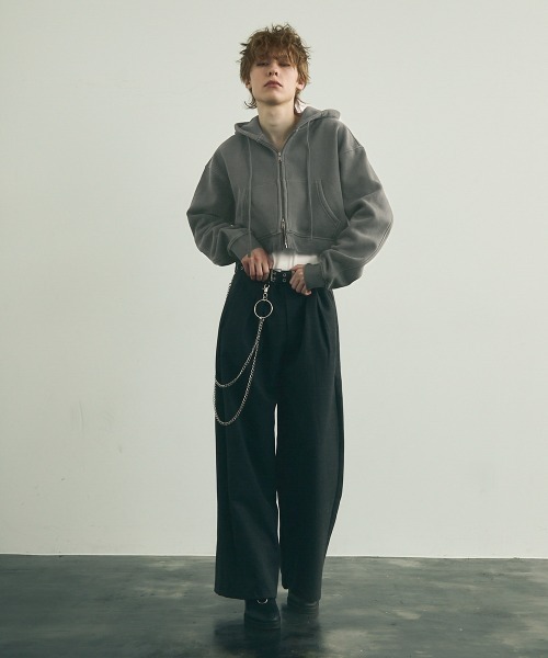 セール】Pigment dye short length double zip hoodie
