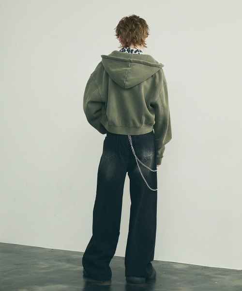 セール】Pigment dye short length double zip hoodie