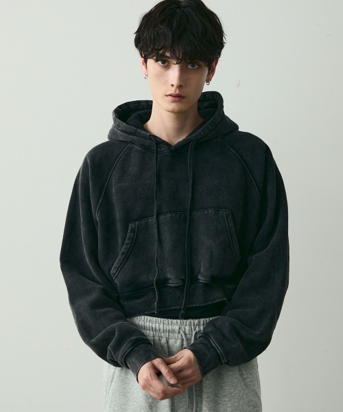 セール】Pigment dye short length double zip hoodie