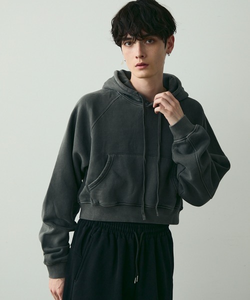 セール】Pigment dye short length double zip hoodie
