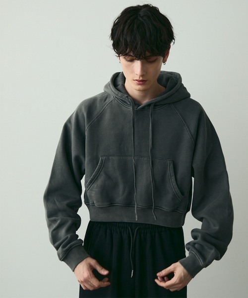 セール】Pigment dye short length double zip hoodie