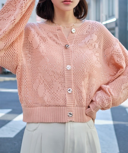 PINK HOUSE 透かし編み カーディガン フラワー　長袖 PINK HOUSE｜モチーフ付き透かし編みカーディガン | Rakuten
