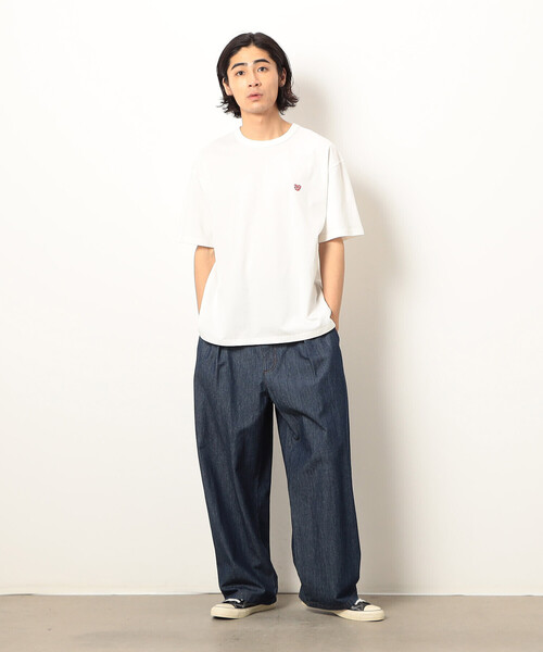 Purple&Yellow（パープルアンドイエロー）の「ワンポイントハート刺繍 半袖Ｔシャツ（Tシャツ/カットソー・メンズ・ブラック/ネイビー/ホワイト/サックスブルー・MEDIUM/SMALL/LARGE）」の5枚目の写真