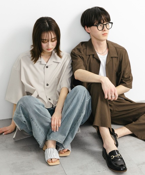 セール】『ユニセックス』オープンカラールーズショートスリーブシャツ