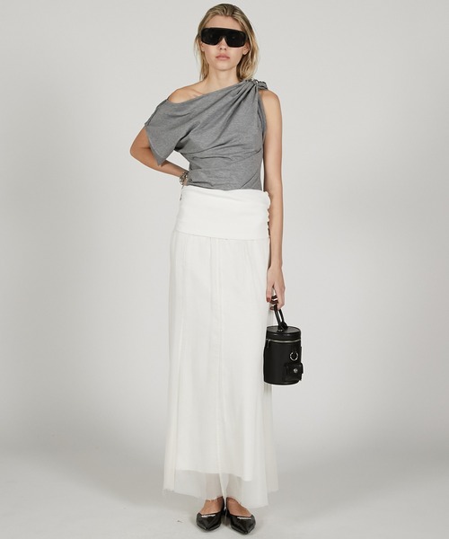 PRANK PROJECT レイヤードアシメドレープスカート　ホワイト PRANK PROJECT スカート シアーレイヤーシャーリングタイト