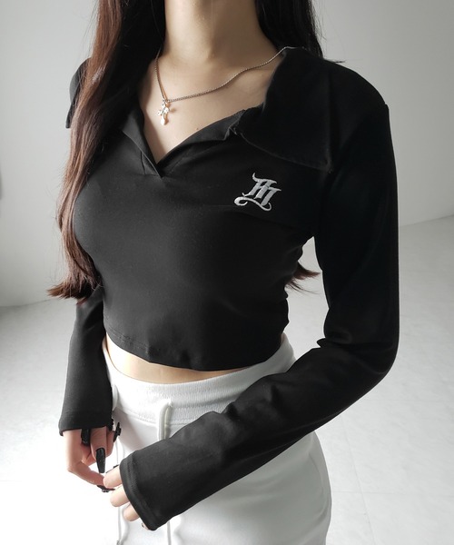 me+em select(ミームセレクト)の「【 2color 】M LOGO スキッパーショートTシャツ / M LOGO skipper neck short T-shirt(Tシャツ/カットソー・レディース・ブラック/ホワイト・FREE)」の14枚目の写真