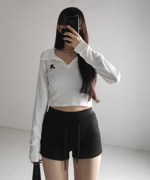 me+em select(ミームセレクト)の「【 2color 】M LOGO スキッパーショートTシャツ / M LOGO skipper neck short T-shirt(Tシャツ/カットソー・レディース・ブラック/ホワイト・FREE)」の11枚目の写真