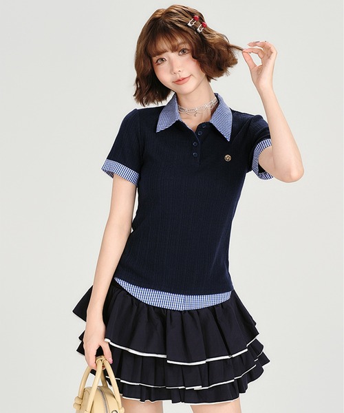 tシャツ ポロカラー レイヤードデザイン 半袖トップス GH25s080「Girlyhalo」 レディース セール】ポロカラー レイヤードデザイン 半袖トップス GH25s080