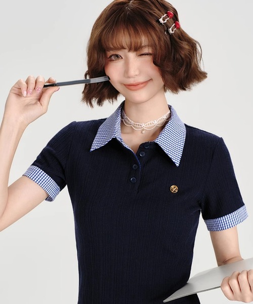 tシャツ ポロカラー レイヤードデザイン 半袖トップス GH25s080「Girlyhalo」 レディース セール】ポロカラー レイヤードデザイン 半袖トップス GH25s080