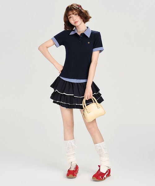tシャツ ポロカラー レイヤードデザイン 半袖トップス GH25s080「Girlyhalo」 レディース セール】ポロカラー レイヤードデザイン 半袖トップス GH25s080