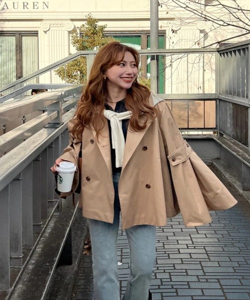 新品フレアトレンチコート ベルスリーブ RANCLIC トレンチコート コート ベルスリーブショートトレンチコート
