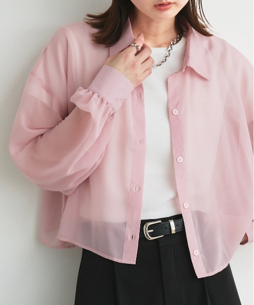 ad thie（アドティエ）の「ショート丈シアーシャツ 半袖リブTシャツセット（シャツ/ブラウス・レディース・ライトグレー/ピンク/オフホワイト/ブラック/ライトブルー・FREE）」の5枚目の写真