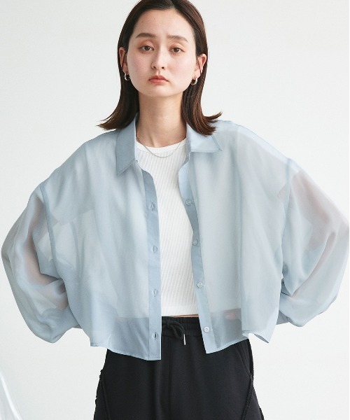 ad thie（アドティエ）の「ショート丈シアーシャツ 半袖リブTシャツセット（シャツ/ブラウス・レディース・ライトグレー/ピンク/オフホワイト/ブラック/ライトブルー・FREE）」の4枚目の写真