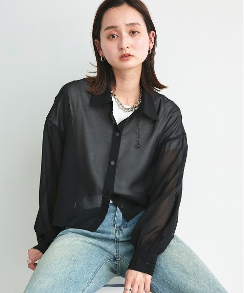 セール】ショート丈シアーシャツ 半袖リブTシャツセット（シャツ