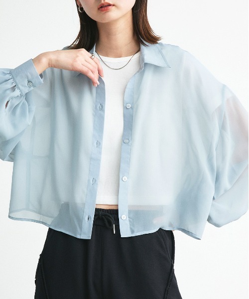 セール】ショート丈シアーシャツ 半袖リブTシャツセット（シャツ