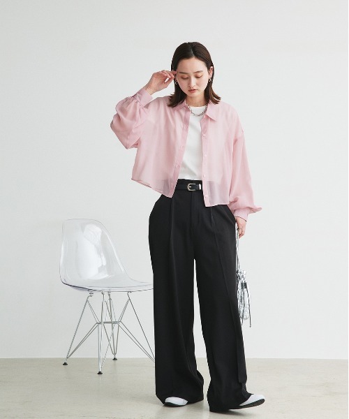 セール】ショート丈シアーシャツ 半袖リブTシャツセット（シャツ