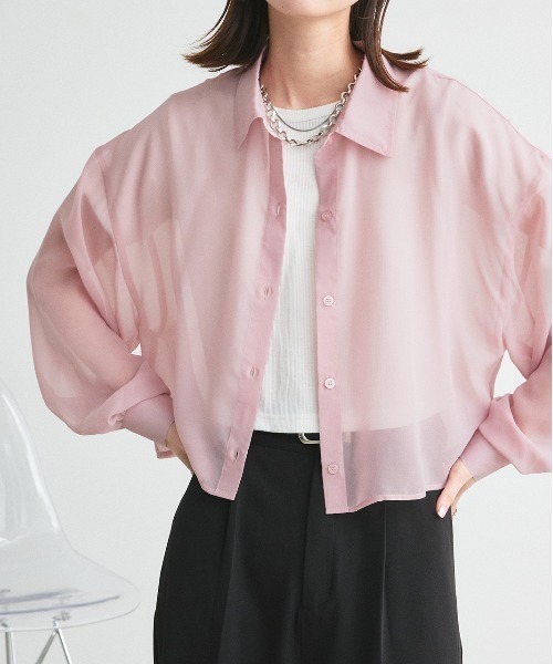 ad thie（アドティエ）の「ショート丈シアーシャツ 半袖リブTシャツセット（シャツ/ブラウス・レディース・ライトグレー/ピンク/オフホワイト/ブラック/ライトブルー・FREE）」の14枚目の写真