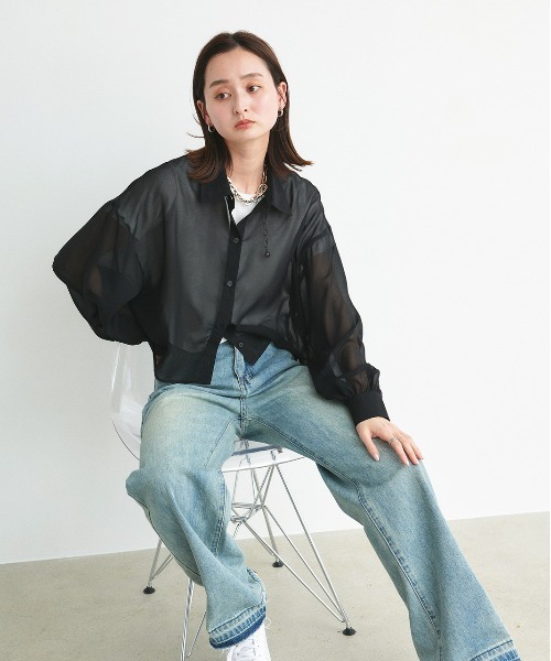 セール】ショート丈シアーシャツ 半袖リブTシャツセット(シャツ セール】ショート丈シアーシャツ 半袖リブTシャツセット(シャツ