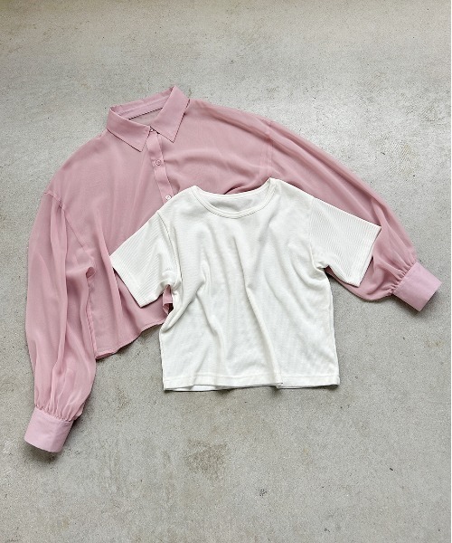 ad thie（アドティエ）の「ショート丈シアーシャツ 半袖リブTシャツセット（シャツ/ブラウス・レディース・ライトグレー/ピンク/オフホワイト/ブラック/ライトブルー・FREE）」の6枚目の写真