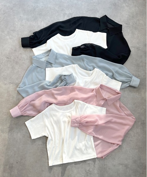 ad thie（アドティエ）の「ショート丈シアーシャツ 半袖リブTシャツセット（シャツ/ブラウス・レディース・ライトグレー/ピンク/オフホワイト/ブラック/ライトブルー・FREE）」の7枚目の写真