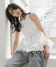 【カップ付き/ドッキング/ペプラム】【pufe】カップ付きバルーンタンクトップ ノースリーブ バイカラー ブラトップ 重ね着