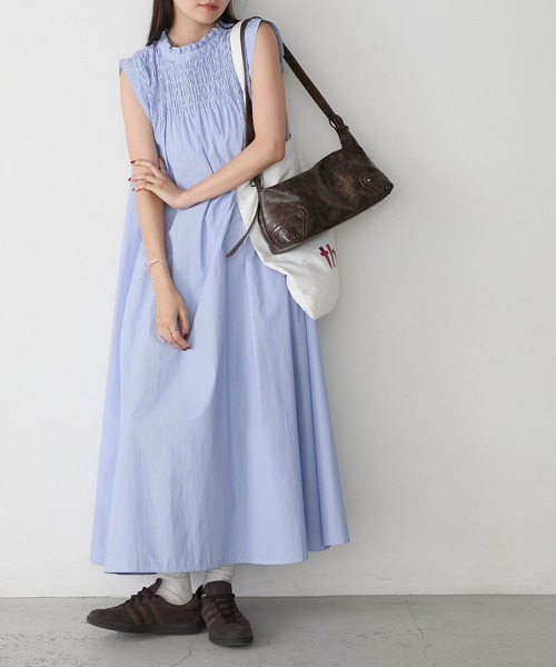 Munsingwear ストライプ ノースリーブワンピース セール】【forksy.】ストライプ柄 シャーリングノースリーブ