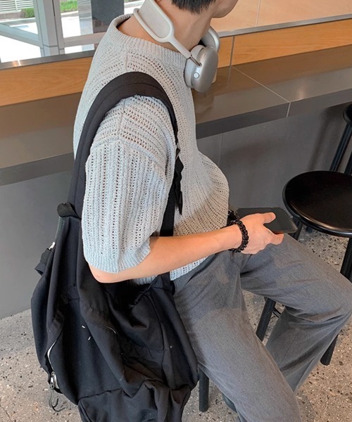 NOWLE(ノウル)の「【NOWLE】リラックスフィット 透かし編み 半袖 サマー ニット(ニット/セーター・メンズ・ブラック/グレー・LARGE/X-LARGE/MEDIUM)」の9枚目の写真