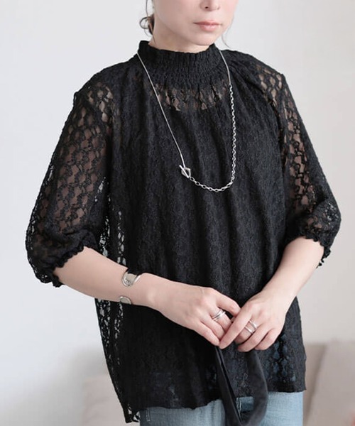 GOLDJAPAN(ゴールドジャパン)の「ストレッチレースハイネックプルオーバー【大きいサイズ対応】(ニット/セーター・レディース・ブラック/アイボリー/ブラウン・LL/3L/4L/5L)」の2枚目の写真