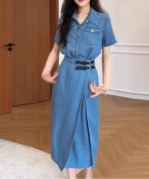 semplice（センプリチェ）の「シャツカラーデニムワンピース（ワンピース・レディース・ブルー・M/L）」の3枚目の写真