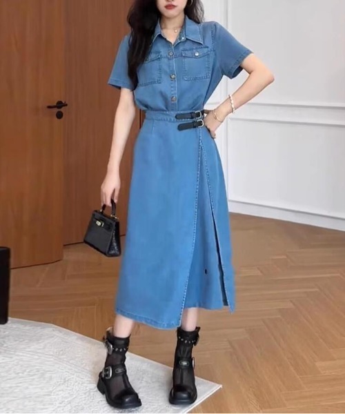 semplice（センプリチェ）の「シャツカラーデニムワンピース（ワンピース・レディース・ブルー・M/L）」の5枚目の写真