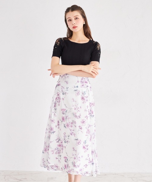 セール】3WAYウエストリボン付きフラワープリントフレアスカート