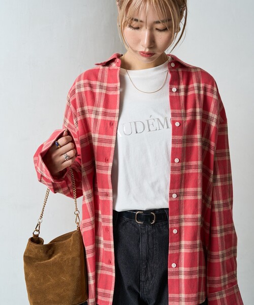 FREAK'S STORE（フリークスストア）の「限定展開　ネル チェック ビックシャツ（シャツ/ブラウス・レディース・ベージュ/レッド/ネイビー/サックスブルー/グレー・ﾌﾘ-）」の5枚目の写真