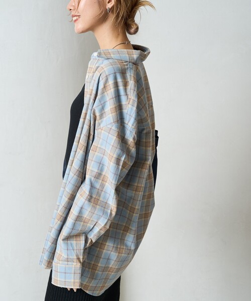 リネンビッグチェックカットソー ネイビー 限定展開 ネル チェック ビックシャツ（シャツ/ブラウス