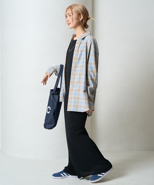 リネンビッグチェックカットソー ネイビー 限定展開 ネル チェック ビックシャツ（シャツ/ブラウス