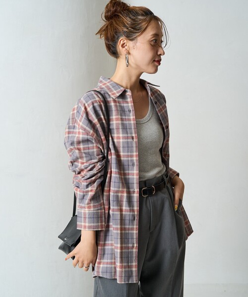 FREAK'S STORE（フリークスストア）の「限定展開　ネル チェック ビックシャツ（シャツ/ブラウス・レディース・ベージュ/レッド/ネイビー/サックスブルー/グレー・ﾌﾘ-）」の15枚目の写真