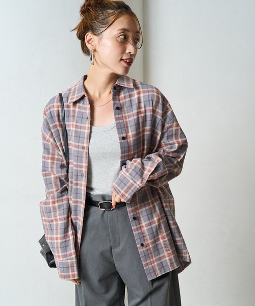 FREAK'S STORE（フリークスストア）の「限定展開　ネル チェック ビックシャツ（シャツ/ブラウス・レディース・ベージュ/レッド/ネイビー/サックスブルー/グレー・ﾌﾘ-）」の9枚目の写真