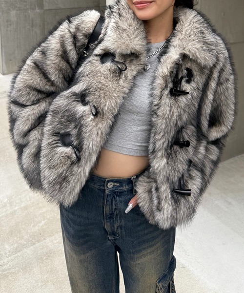 SPIRALGIRL（スパイラルガール）の「ファーダッフルショートコート（ダッフルコート・レディース・ブラウン/グレー・FREE）」の2枚目の写真