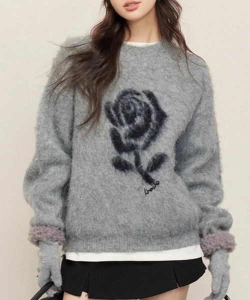 Lace Ladies(レースレディース)の「配色 ローズ柄 シャギー ニット プルオーバー(ニット/セーター・レディース・グレー/ピンク・FREE)」の1枚目の写真